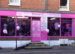 Dancia International's Reading shop, decorated with pink balloons and streamers for the first anniversary celebrations.